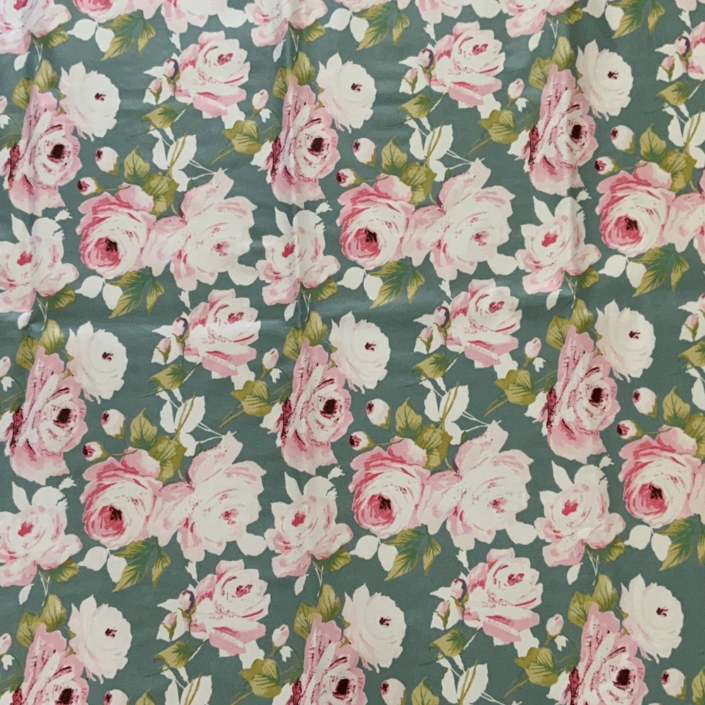 OILCLOTH FABRIC SHABBY CHIC WITH ROSES PINK, WHITE AND SEAFOAM BLUE BACKGROUND